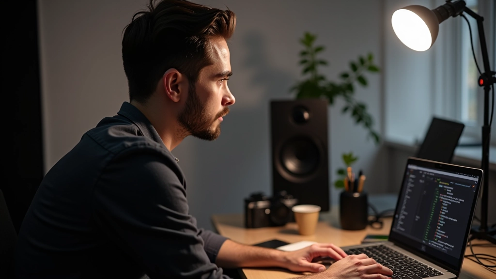 Créateur de contenu enregistrant une vidéo YouTube dans un studio professionnel avec équipement de qualité