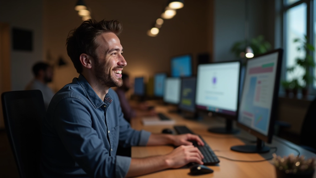 Créateur de contenu heureux travaillant sur son ordinateur portable dans un studio moderne