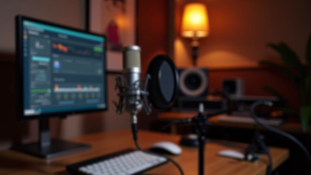 Studio d'enregistrement professionnel avec microphone, écrans et équipement audio moderne