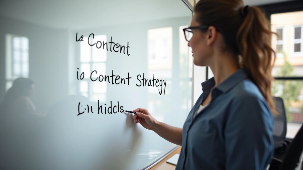 Stratégie de contenu SEO avec mots-clés et backlinks visualisés sur un tableau blanc