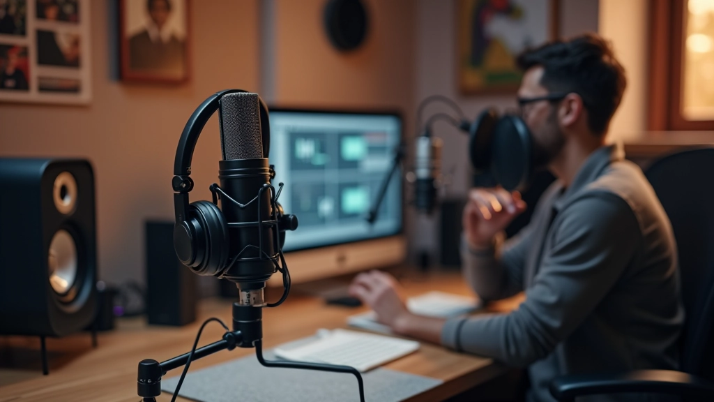 Podcast studio avec microphone professionnel