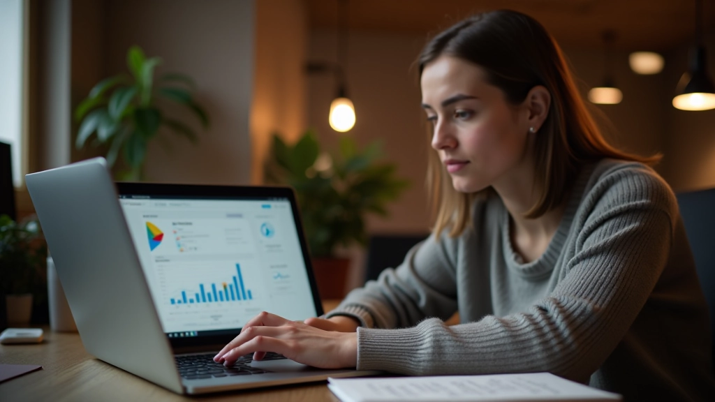 Personne analysant les données de son blog sur un ordinateur portable avec des graphiques et des statistiques de recherche Google